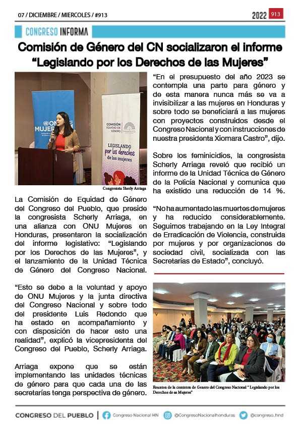 Comisión de Género del CN socializaron el informe “Legislando por los Derechos de las Mujeres”